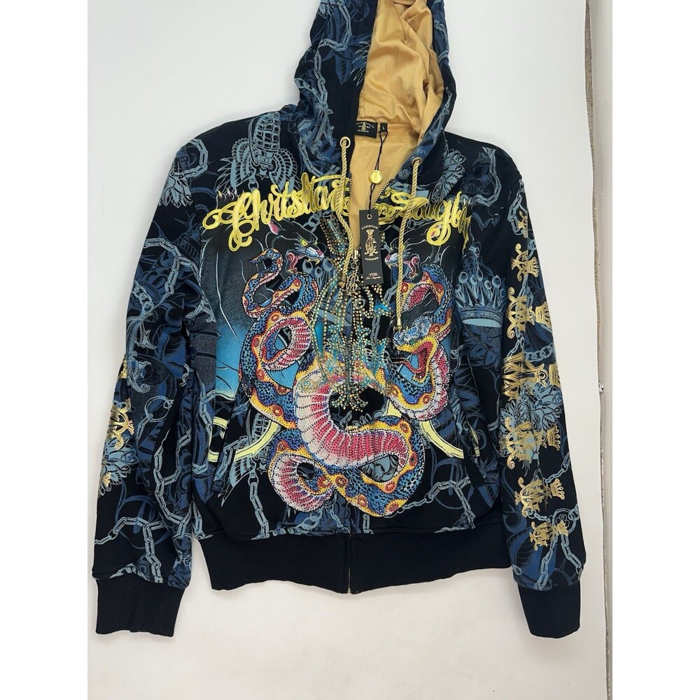 Vintage Christian Audigier Zip Up All Over Print Rhinestone Jacket Hoodie NWT L
